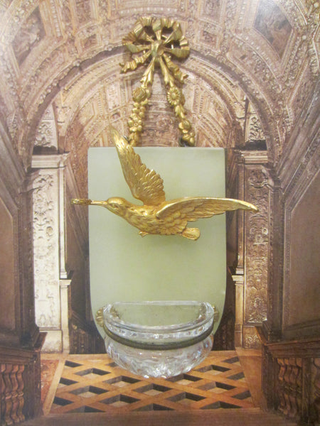 Folk Art Gilt Bronze Bird Marble Stone Holly Water Glass Font