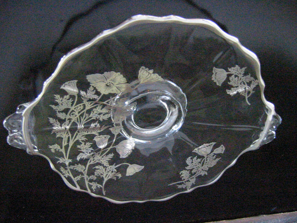 Elegant Glass Silver Poppies Double Handles Round Serving Tray