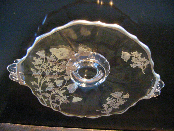 Duncan Miller Glass Elegant Round Serving Tray Floral Silver Overlay Round - Designer Unique Finds 