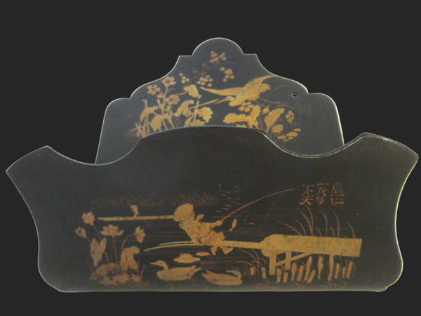 Asian Chinoiserie Black Lacquer Gold Wall Pocket Fisherman Pond Artist Signed
