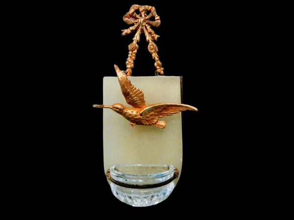 Folk Art Gilt Bronze Bird Marble Stone Holly Water Glass Font