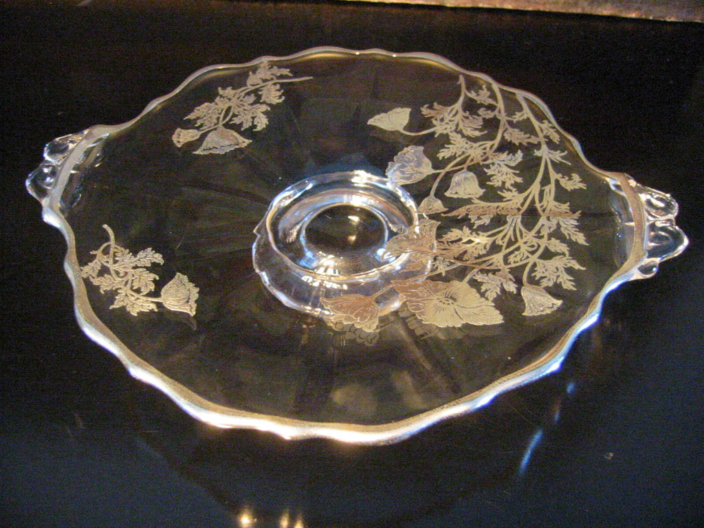 Elegant Glass Silver Floral Double Handles Round Serving Tray - Designer Unique Finds 