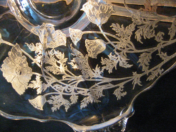 Duncan Miller Glass Elegant Round Serving Tray Floral Silver Overlay Round - Designer Unique Finds 
