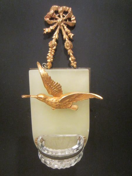 Folk Art Gilt Bronze Bird Marble Stone Holly Water Glass Font