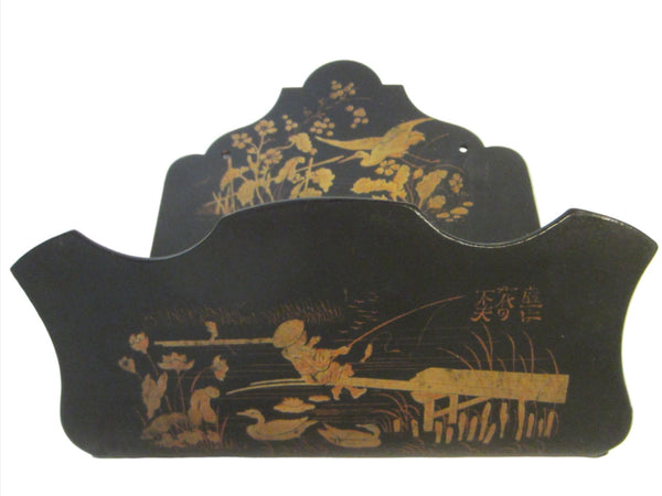 Asian Chinoiserie Black Lacquer Gold Ornamentation Wall Pocket Fisherman Pond Artist Signed