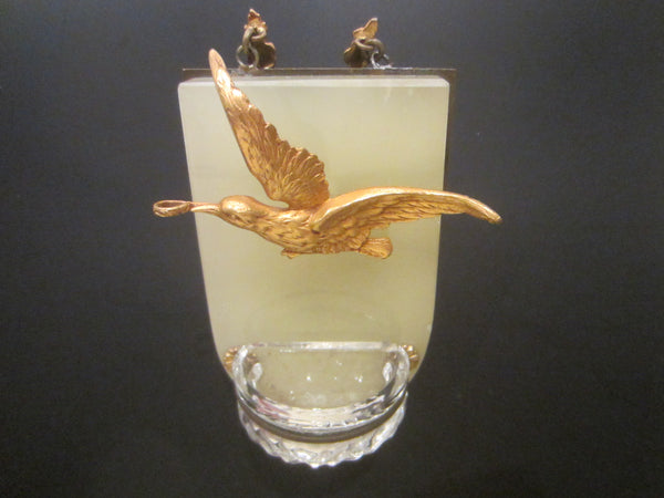 Folk Art Gilt Bronze Bird Marble Stone Holly Water Glass Font