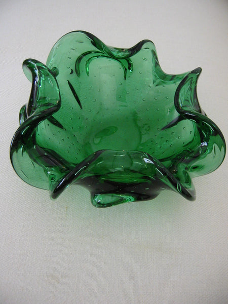 Mid Century Emerald Bowl Barovier Toso Murano Glass Controlled Bubbles - Designer Unique Finds 