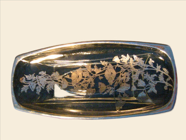 Silver Overlay Rectangle Floral Vintage Glass Tray - Designer Unique Finds  - 1