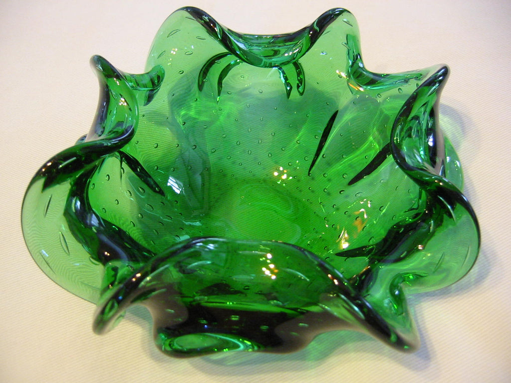 Mid Century Emerald Bowl Barovier Toso Murano Glass Controlled Bubbles - Designer Unique Finds 