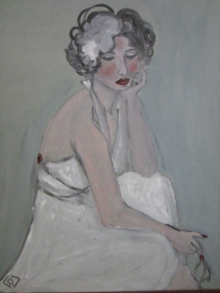 Contemporary Seated Female Portrait Oil On Canvas Artists Monogram Signature