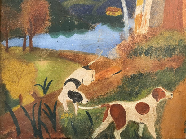 Impressionist Landscape Painting Two Dogs Oil On Board 