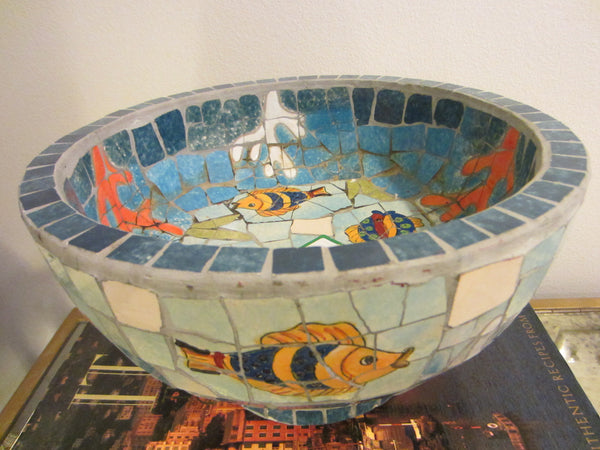Nautical Mosaic Cement Centerpiece Bowl Hand Crafted Oceanic Coastal Scene - Designer Unique Finds 
