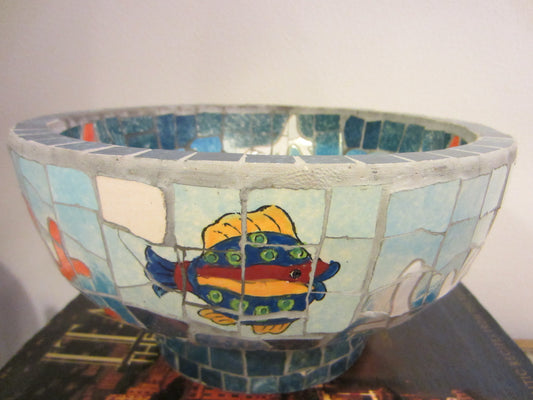 Nautical Mosaic Cement Centerpiece Bowl Hand Crafted Oceanic Coastal Scene - Designer Unique Finds 