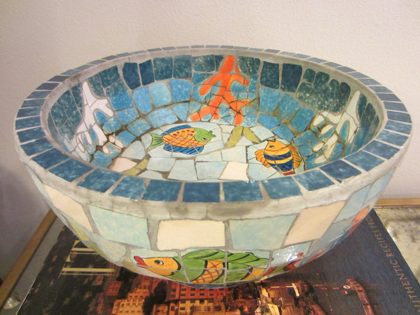 Nautical Mosaic Cement Centerpiece Bowl Hand Crafted Oceanic Coastal Scene - Designer Unique Finds 