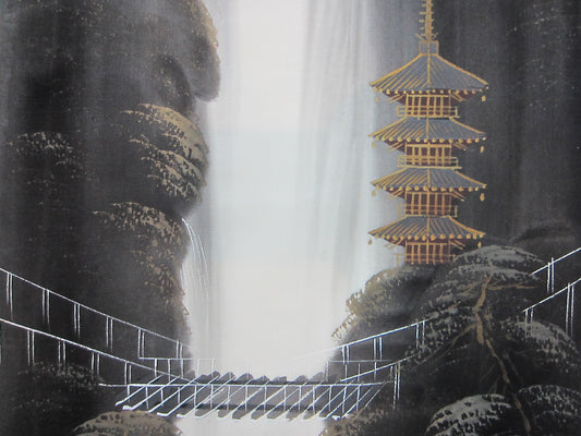 This artwork is a contemporary painting on silk featuring a Japanese pagoda, waterfall, and bridge