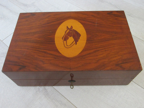 Yugoslavian Intarsia Burl Maple Horse Marquetry Musical Stationary Box - Designer Unique Finds 