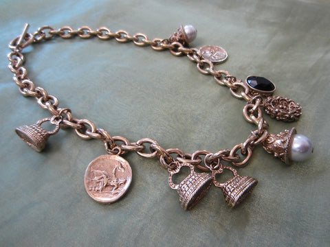 Charm Necklace Brass Link Chain Cameo Glass Stones - Designer Unique Finds 
 - 1
