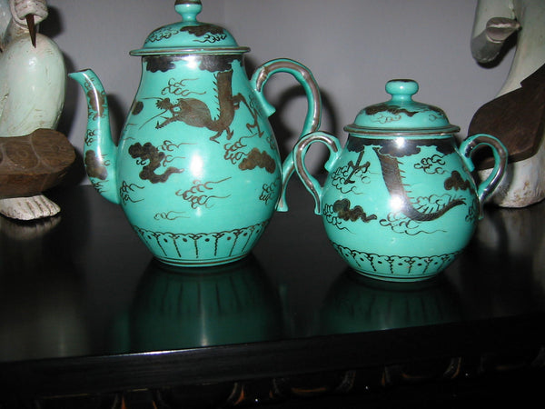 Antique Asian Silver Dragon Turquoise Brief Tea Service