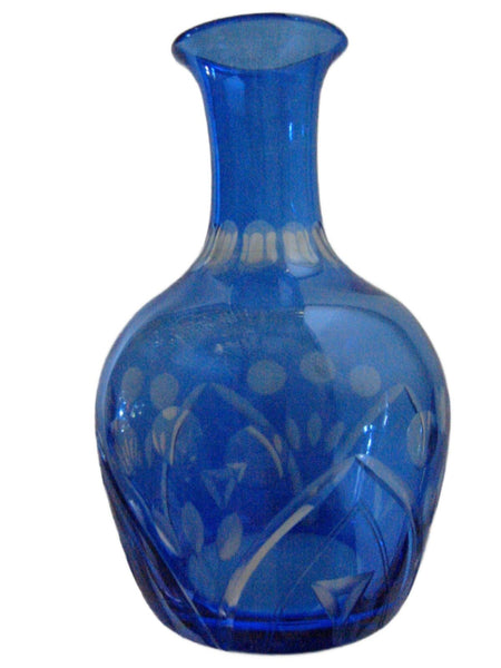 Blue Glass Decanter Hand Decorated Etched Flowers Art Deco Bud Vase - Designer Unique Finds 
 - 2