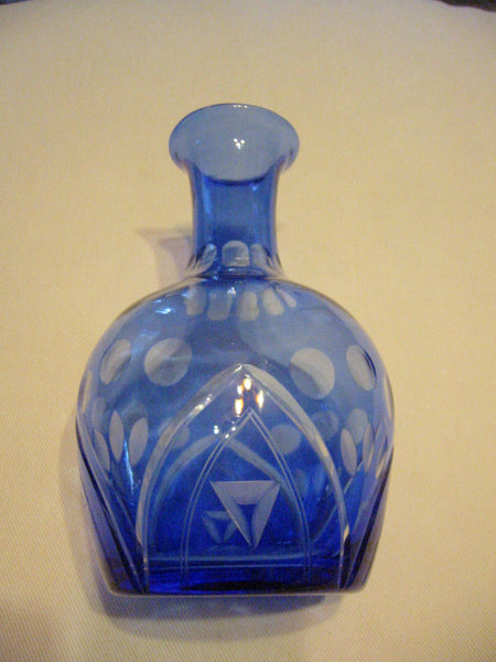 Blue Glass Decanter Hand Decorated Etched Flowers Art Deco Bud Vase - Designer Unique Finds 
 - 5