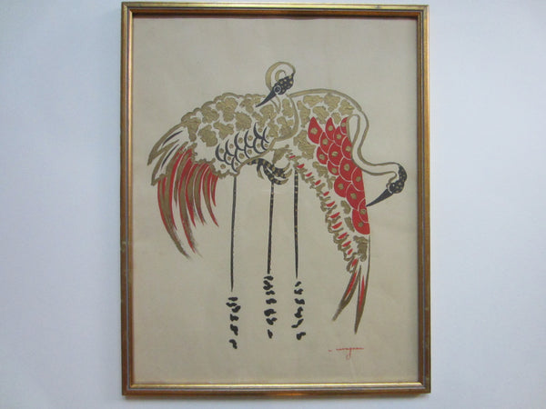 Egrets Gouache Gold Geometric Red Long Black Legs Exotic Birds Signed Drawing