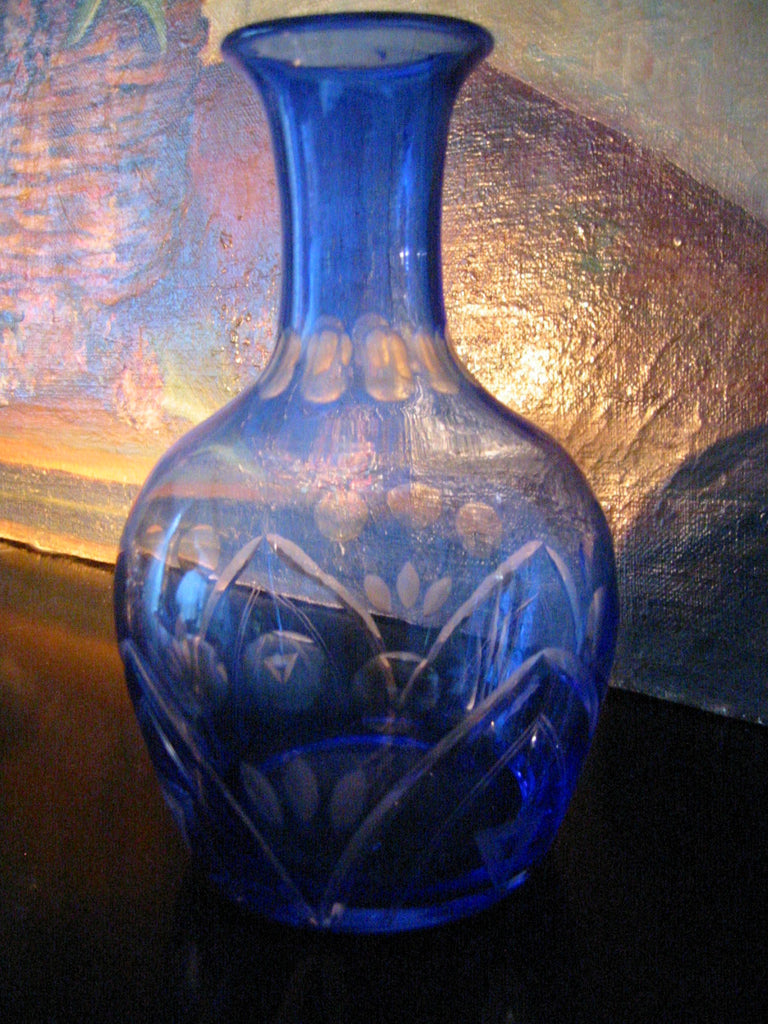 Hand Decorated Blue Glass Decanter Etched Flowers Art Deco Bud Vase - Designer Unique Finds 