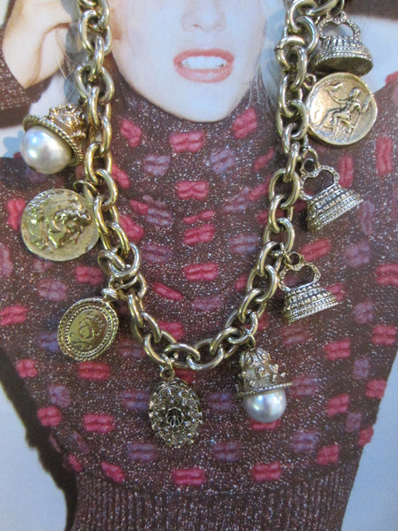 Charm Necklace Brass Link Chain Cameo Glass Stones - Designer Unique Finds 
 - 5