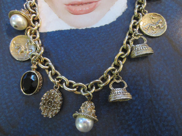 Charm Necklace Brass Link Chain Cameo Glass Stones - Designer Unique Finds 
 - 4