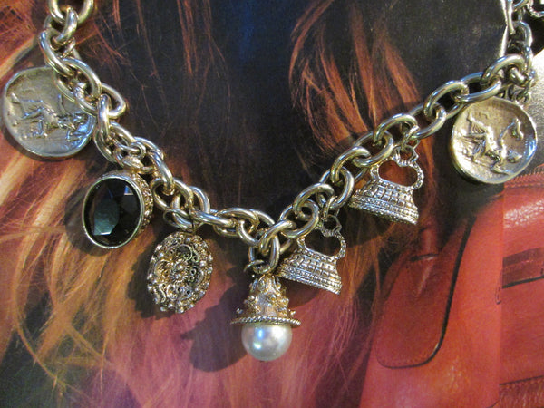 Charm Necklace Brass Link Chain Cameo Glass Stones - Designer Unique Finds 
 - 2
