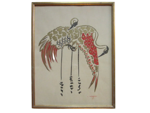 Egrets Gouache Gold Geometric Red Long Black Legs Exotic Birds Signed Drawing