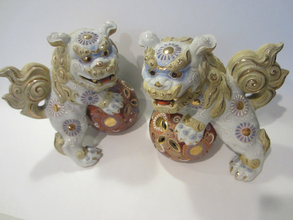 Asian Foo Dogs Satsuma Style Porcelain Statues Symbolized Marked Numbered