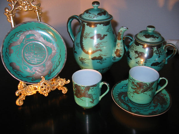 Brief Tea Set Turquoise Silver Dragon Attributed To Kanji Japan Porcelain - Designer Unique Finds 
 - 4