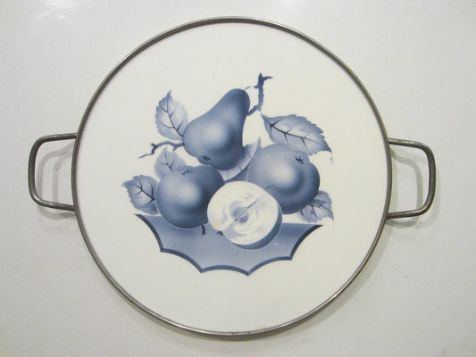 Germany White Ceramic Blue Fruits Nickel Frame Double Handles Ball Footed