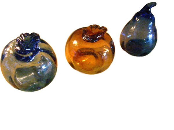 Three Modernist Hand Blown Colored Glass Fruits  - Designer Unique Finds 