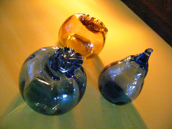 Modernist Hand Blown Colored Glass Fruits Blue Yellow Gold Apples Pear - Designer Unique Finds 