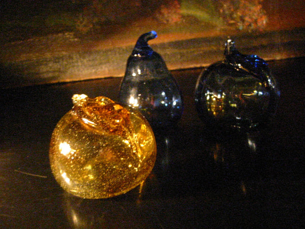 Modernist Hand Blown Colored Glass Fruits Blue Yellow Gold Apples Pear - Designer Unique Finds 