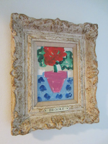 Still Life Red Flower In Lavender Pot Oil On Canvas Name Plate Brook