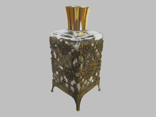 Filigree Cover Brass Top Footed Mid Century Glass Perfume Bottle - Designer Unique Finds 