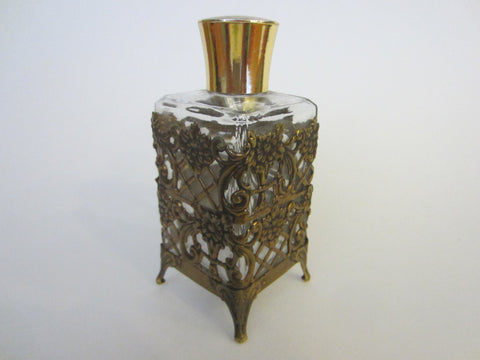 Filigree Cover Brass Top Footed Mid Century Glass Perfume Bottle - Designer Unique Finds 