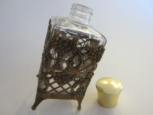 Filigree Cover Brass Top Footed Mid Century Glass Perfume Bottle - Designer Unique Finds 