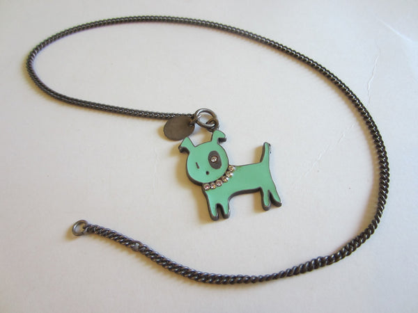 Medecine Paris Douce Green Dog Signed Pendant Link Chain Artisan Jewelry - Designer Unique Finds 