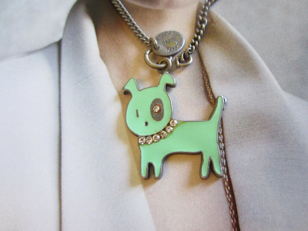 Medecine Paris Douce Green Dog Signed Pendant Link Chain Artisan Jewelry - Designer Unique Finds 
