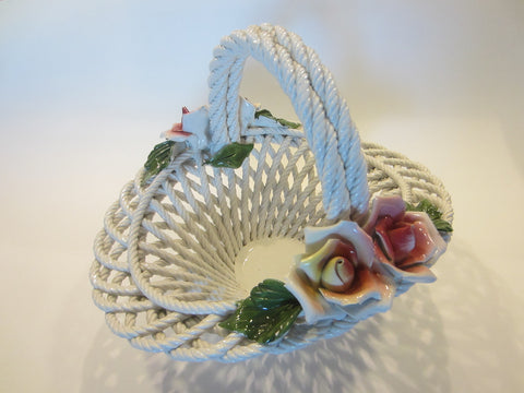 Italian White Porcelain Rose Basket Open Work Dramatic Weave Handle