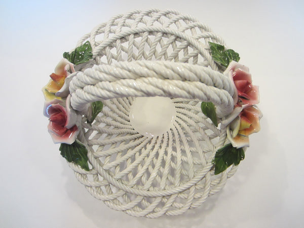 Italian White Porcelain Rose Basket Open Work Dramatic Weave Handle