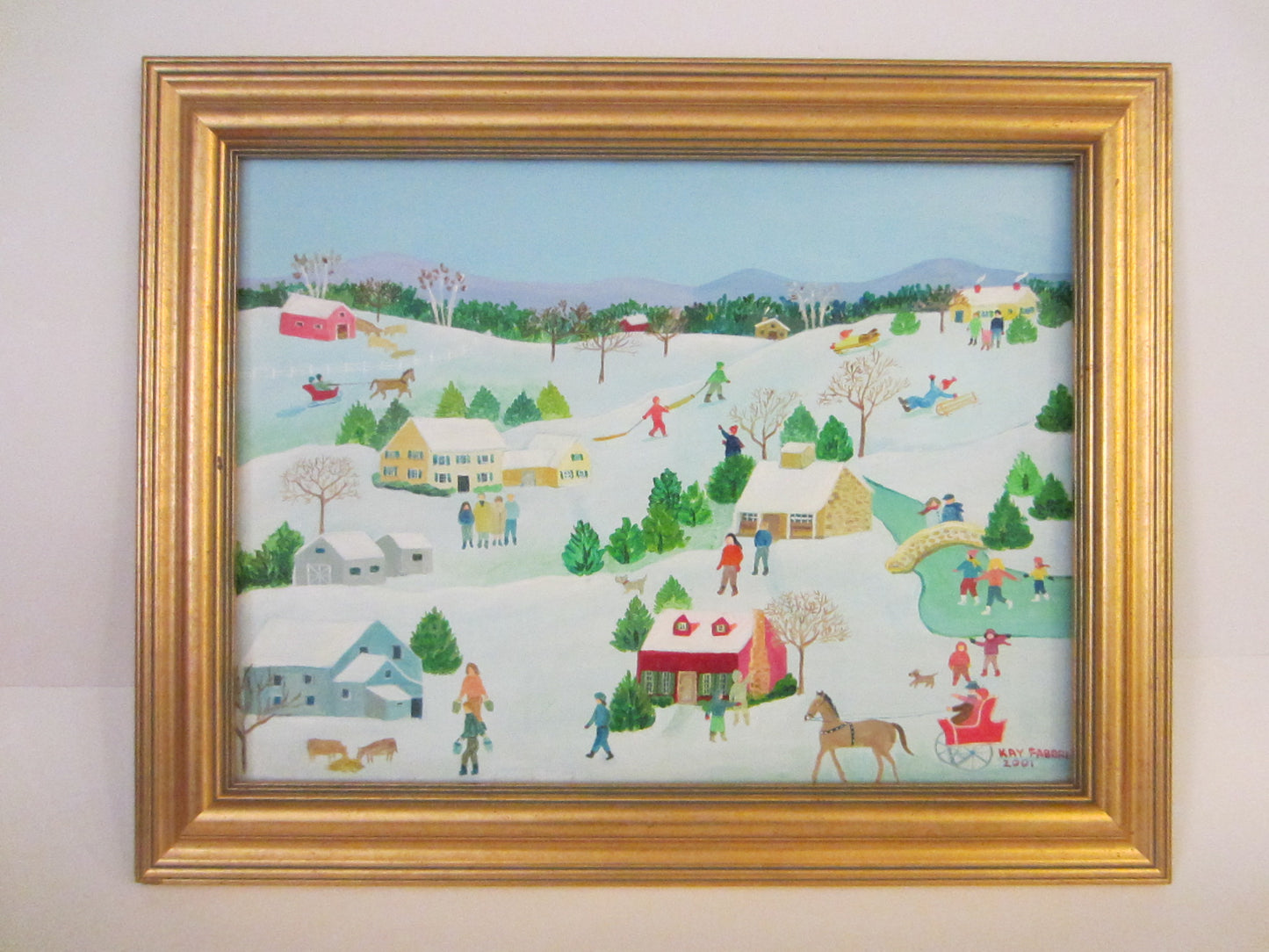 Kay Farbi Snow Town Scene Framed Oil On Canvas Signed Dated - Designer Unique Finds 