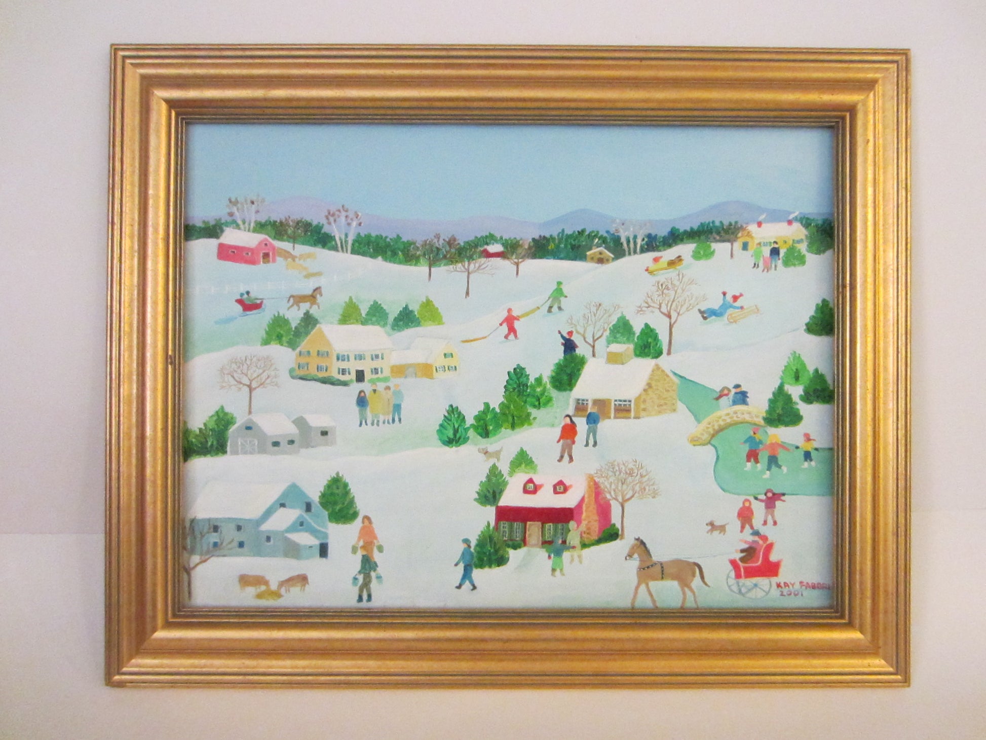 Kay Farbi Snow Town Scene Framed Oil On Canvas Signed Dated - Designer Unique Finds 