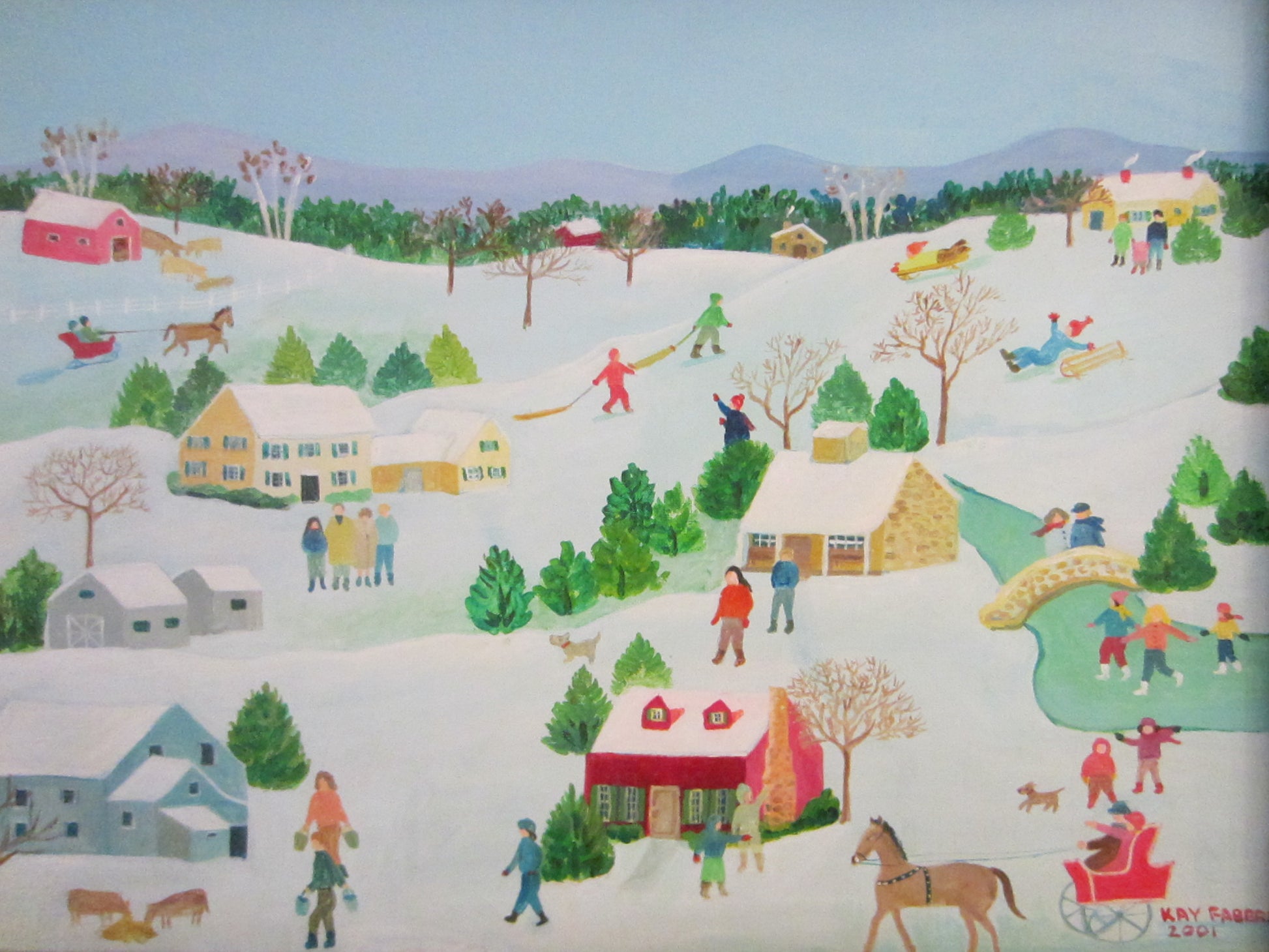 Kay Farbi Snow Town Scene Framed Oil On Canvas Signed Dated - Designer Unique Finds 