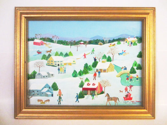 Kay Farbi Snow Town Scene Framed Oil On Canvas Signed Dated - Designer Unique Finds 