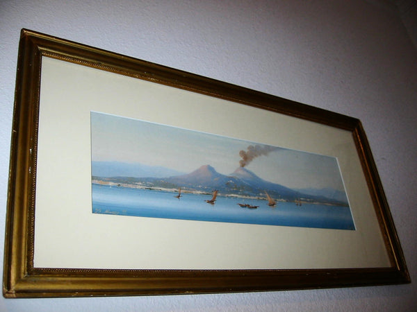 Seascape Rosa Corelli Watercolor Volcano Capri Vesuvius Guache - Designer Unique Finds 
