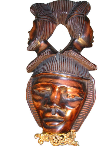 Three Heads Mask Carved On Wood Tribal Art - Designer Unique Finds 